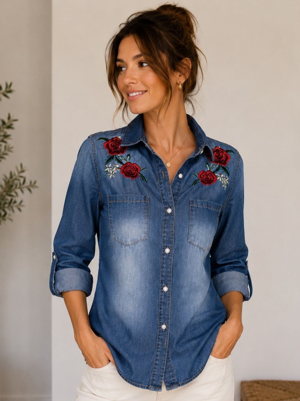 CAVALINI Denim Collection Embroidered Rose Button Down With Roll Tab Sleeves, PS